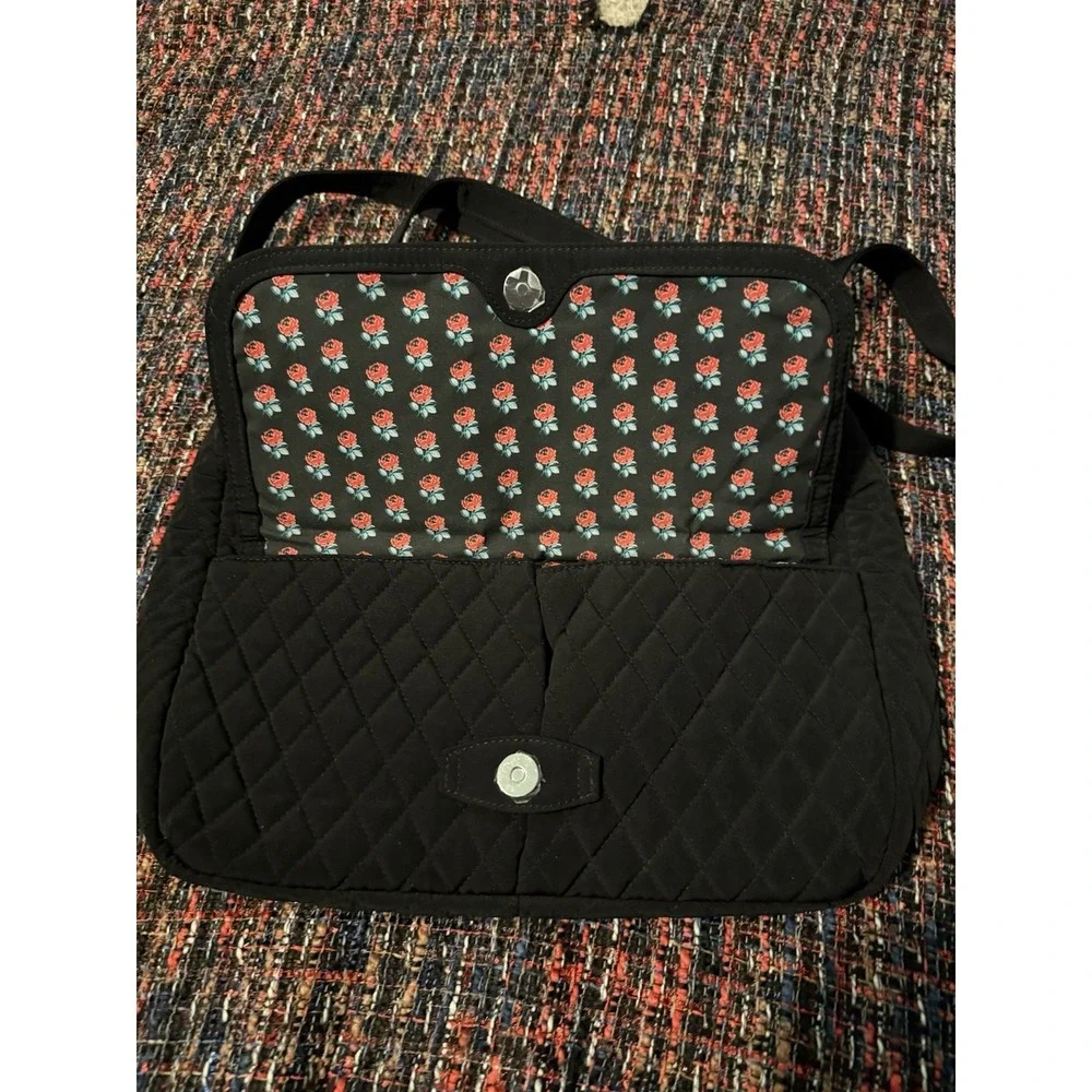 Vera Bradley Black Quilted Microfiber Crossbody Messenger Bag Floral Rose Lining